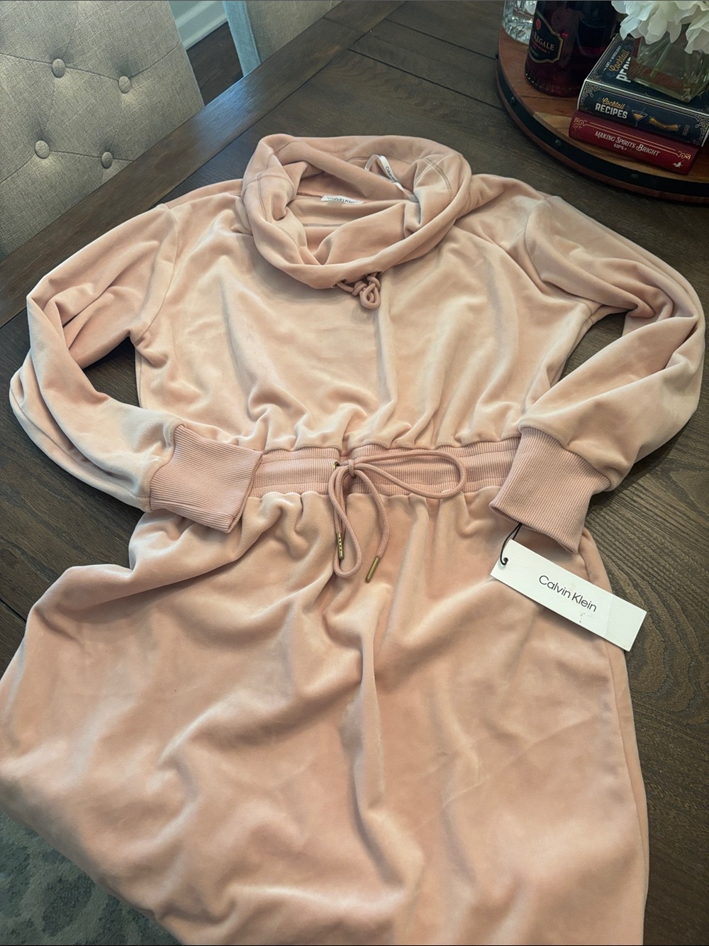 Calvin Klein Blush Pink Long-Sleeve Drawstring Midi Dress